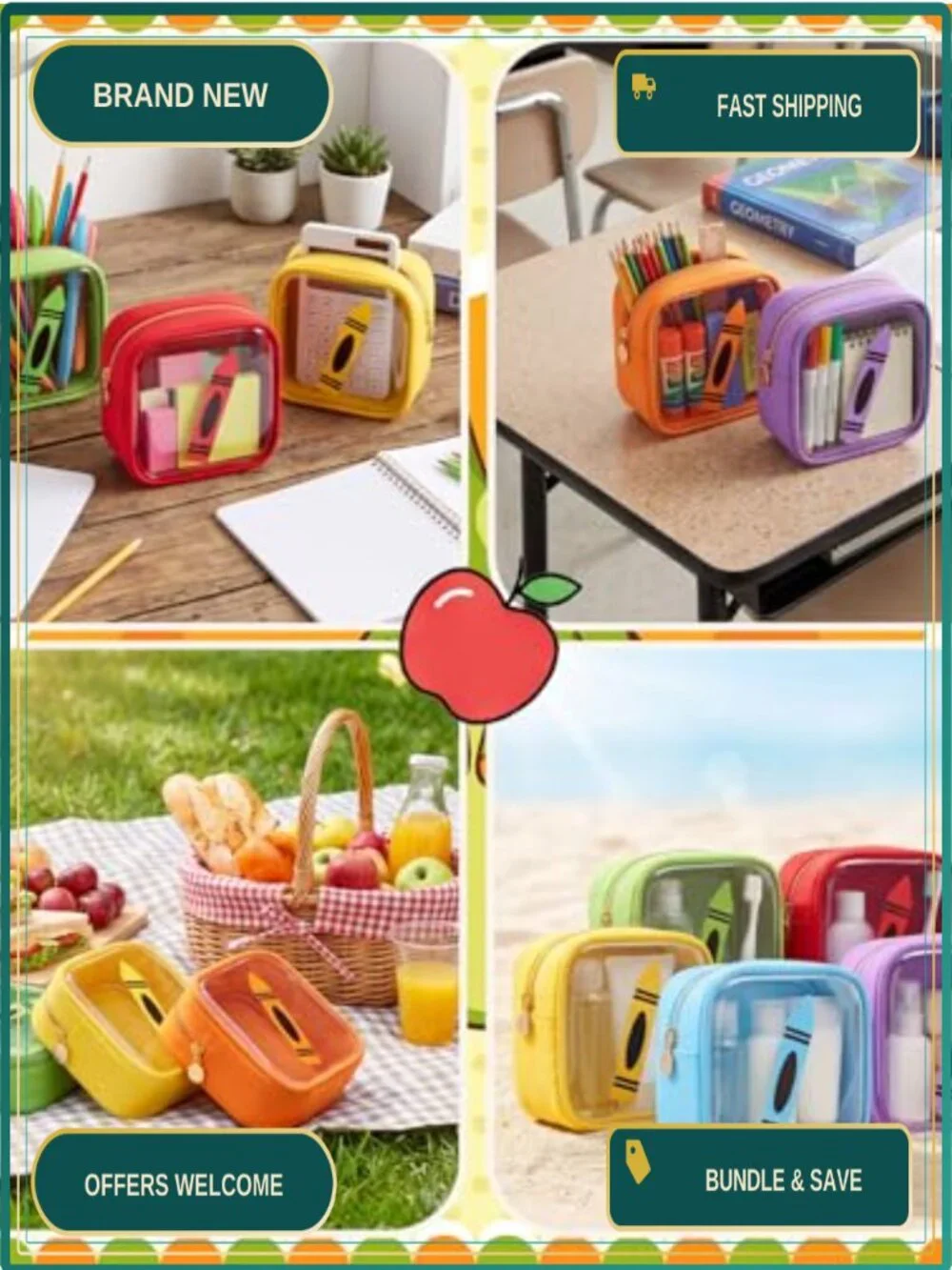 6pc Clear Teacher Pouch PVC Nylon Mini Cosmetic Bag Travel Storage Zipper Gift